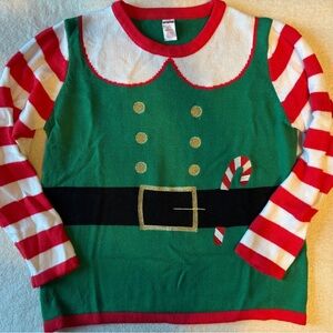 Festive Elf Christmas Sweater, Candy Cane Red Green. Women’s Large